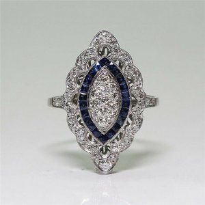 Art Deco Blue & Silver Marquise Ring Size 8 NWT